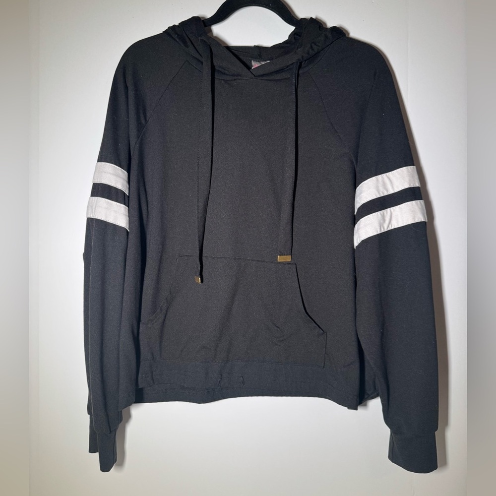Black Cropped Hoodie with White Stripes